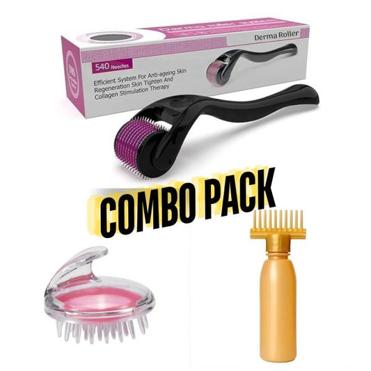 3 In 1 Combo Deal 1 Derma Roller (0.5mm), Silicone Scalp Massage Brush, Oil Bottle