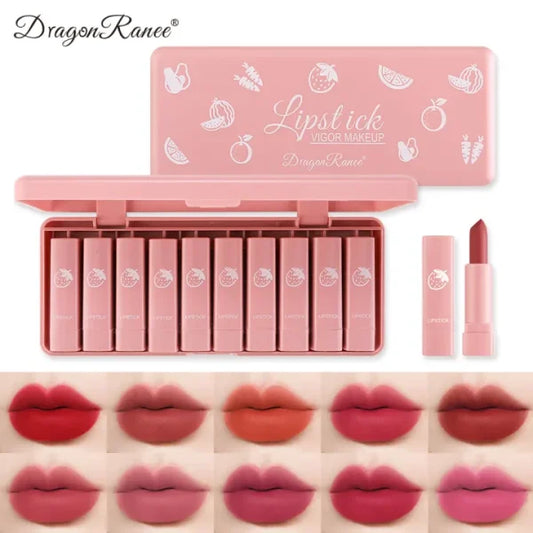 Dragon Ranee 10 Pieces Velvet Matte Pink Lipstick Set | Long Lasting Makeup Waterproof Lip Gloss For Girls & Womens